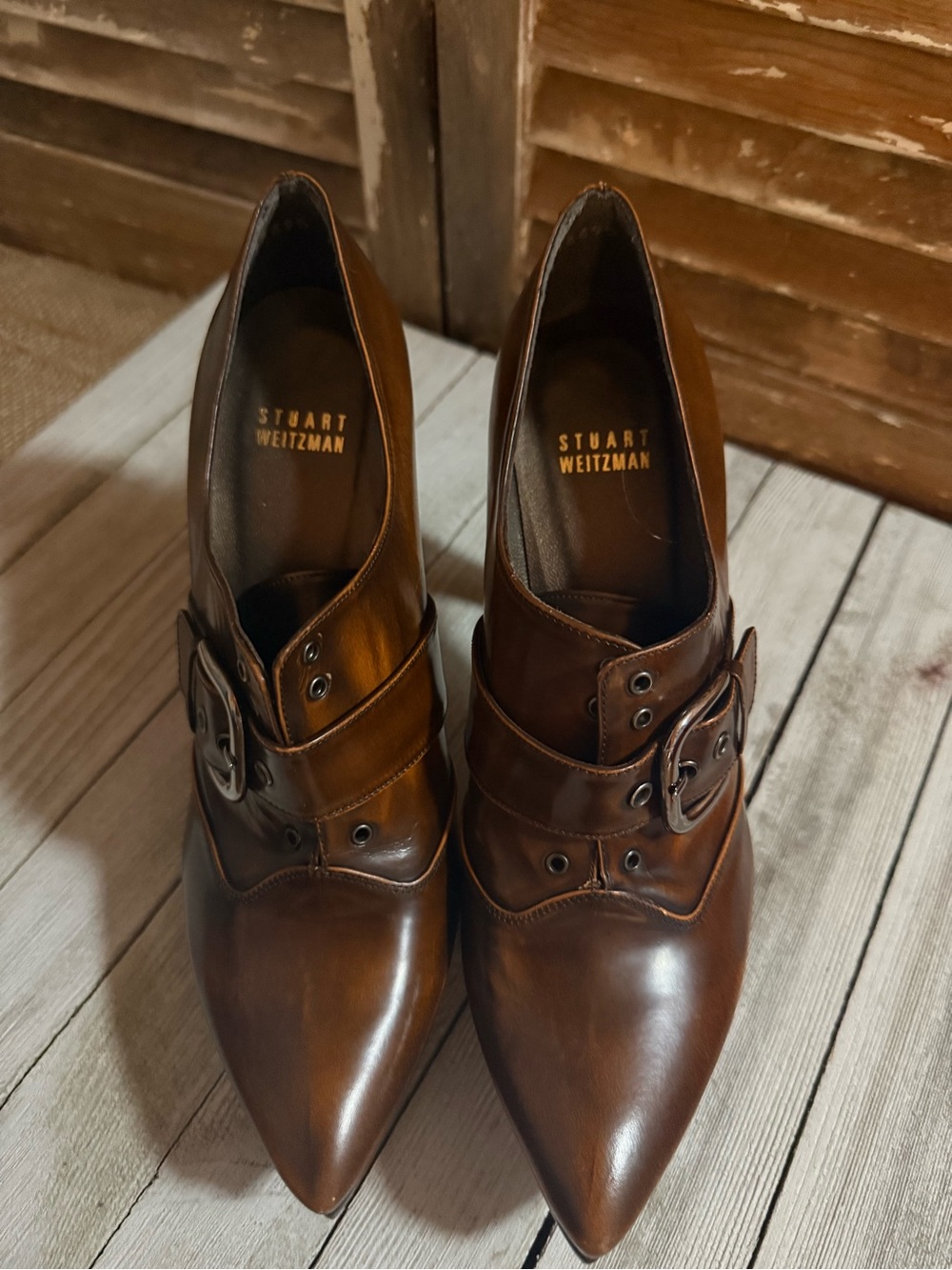 Stuart Weitzman Women’s  Brown Leather Pointed Buckle Shoes